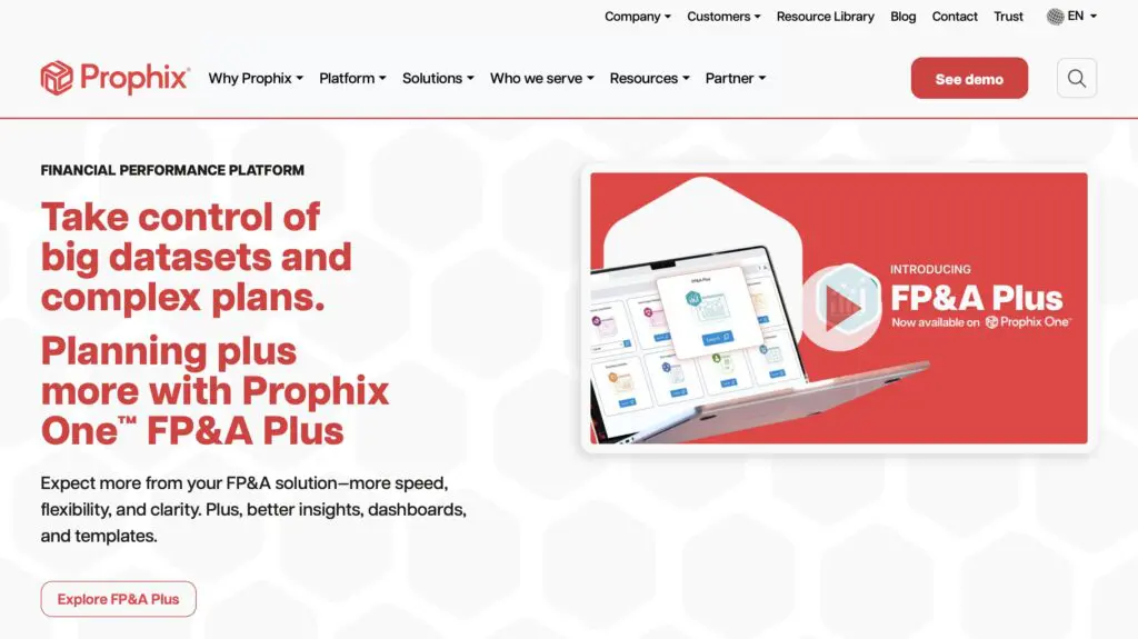 Prophix homepage screenshot, one of SAP Analytics Cloud competitors