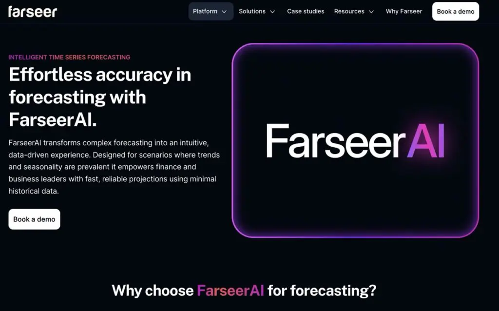 Landing page for FarseerAI, an AI-powered forecasting tool designed to deliver accurate time series projections with minimal historical data, empowering finance teams through intuitive, data-driven automation.