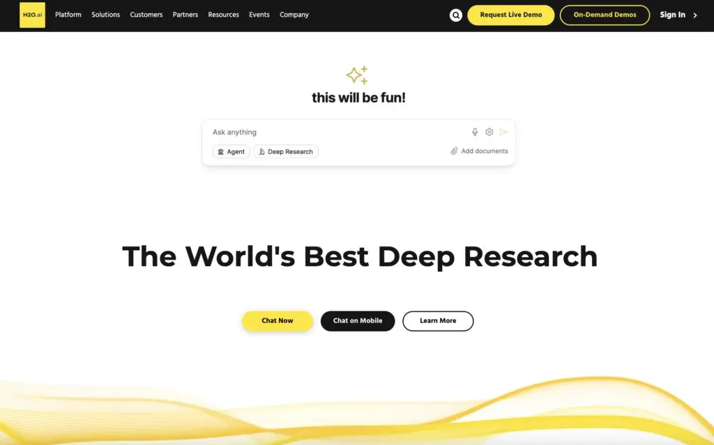 H2O.ai homepage highlighting their deep research capabilities with an AI-powered assistant interface and bold headline promoting the platform as the “world’s best deep research” — positioning it as one of the best AI tools for finance professionals seeking intelligent automation and analysis.
