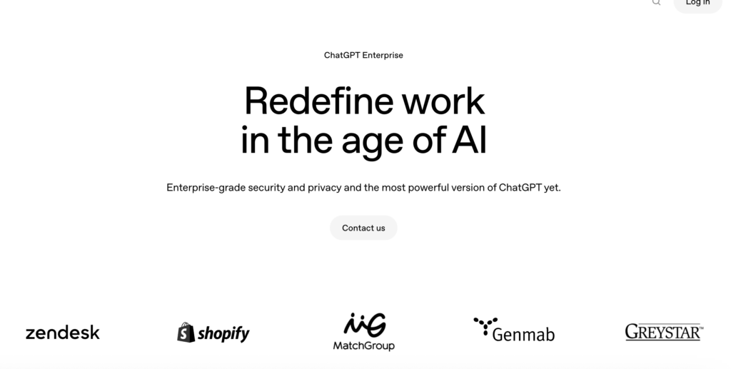 ChatGPT Enterprise homepage showcasing secure AI for business with advanced admin controls, unlimited GPT-4 access, and enterprise-grade data privacy — a top choice for teams looking to integrate the best AI for finance, planning, and decision support.
