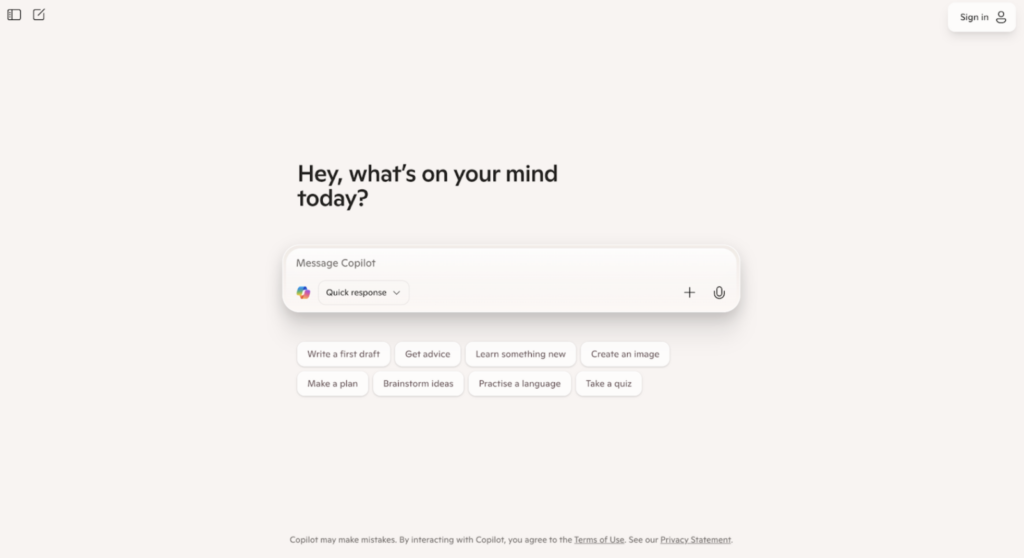 Microsoft Copilot homepage highlighting its integration across Microsoft 365 apps like Excel, Word, and Teams — helping finance teams boost productivity and streamline workflows using one of the best AI tools for finance in 2025.