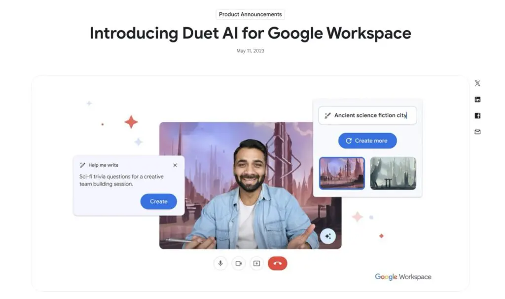 Google Duet AI in Workspace interface showcasing smart suggestions, meeting summaries, and auto-generated emails — a top AI assistant designed to enhance productivity and collaboration in finance and business teams
