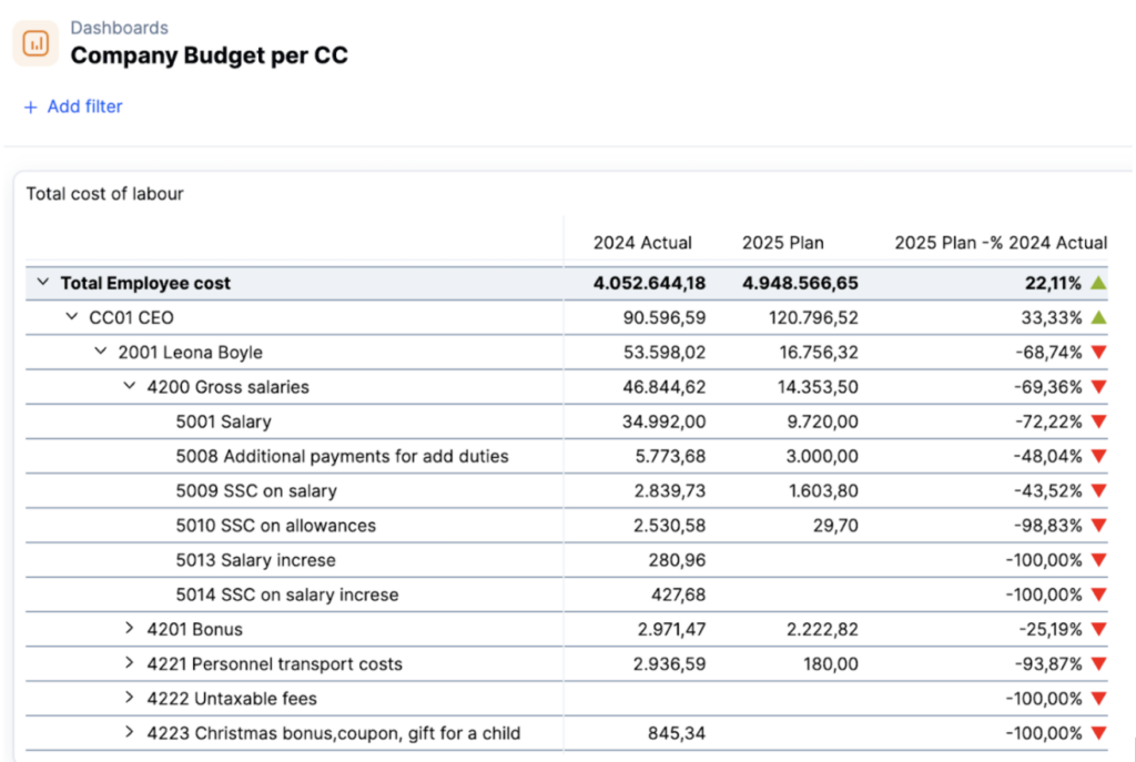 Drill-down FP&A report showing company budget per cost center, with detailed employee cost breakdown, actual vs. planned values for 2024 and 2025, and percentage change indicators using green and red arrows.