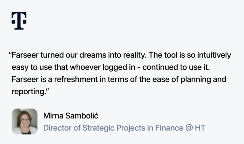 Testimonial from Mirna Sambolić, Director of Strategic Projects in Finance at HT, praising Farseer for its intuitive interface and ease of planning and reporting, with HT logo and profile photo included.