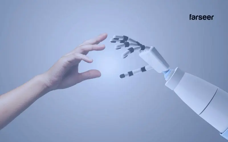 two hands reaching, one human, one is robotic which represents AI in financial forecasting
