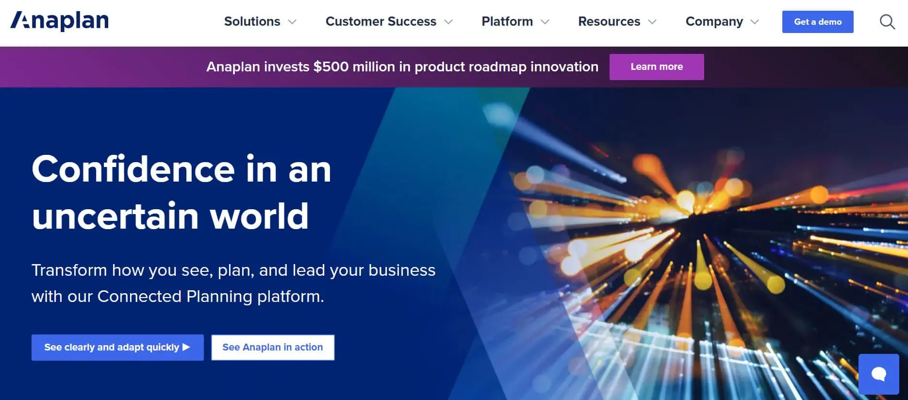 Anaplan financial analysis tool homepage,  showcasing its finance automation software