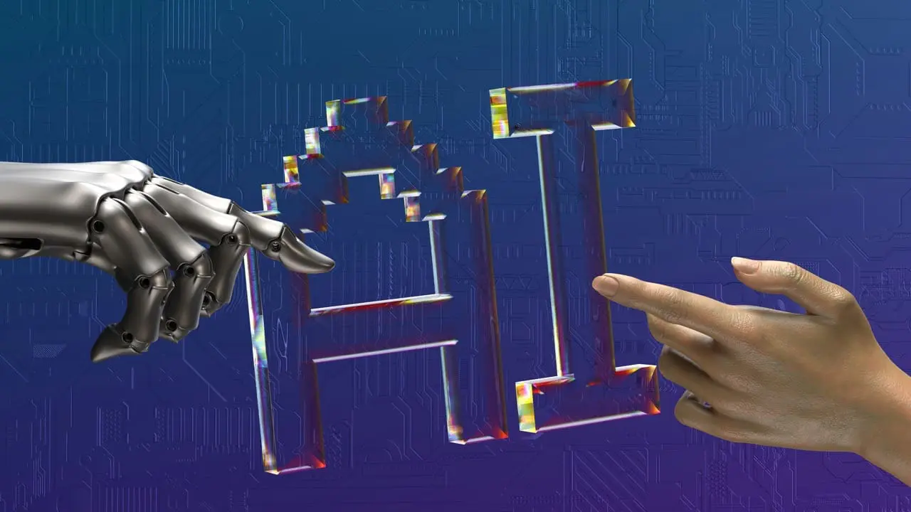 Picture showing robot hand and human hand touching AI letters
