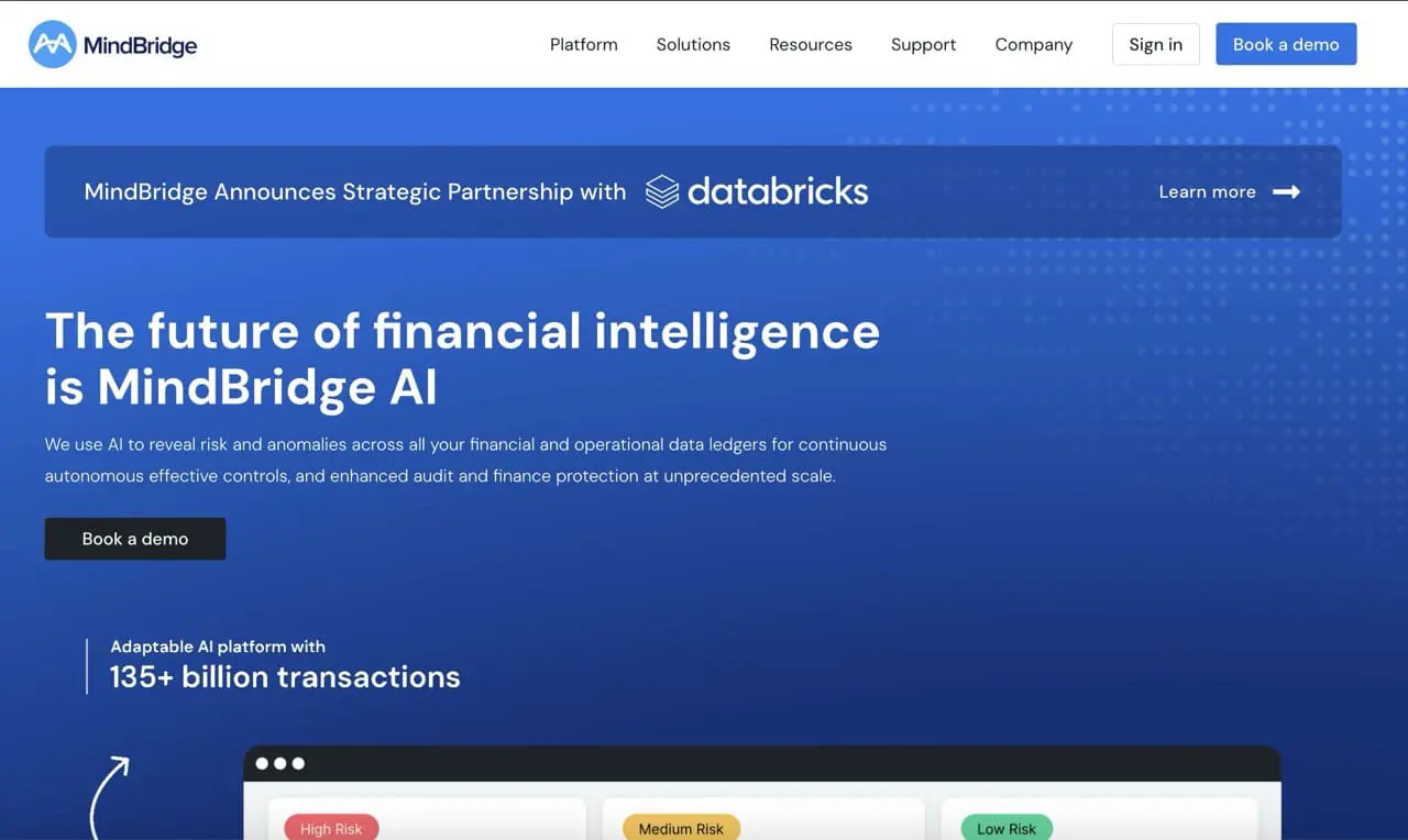 Homepage of MindBridge AI, a financial intelligence platform that uses AI to detect risk and anomalies across financial data, featuring a strategic partnership with Databricks and highlighting support for over 135 billion transactions.