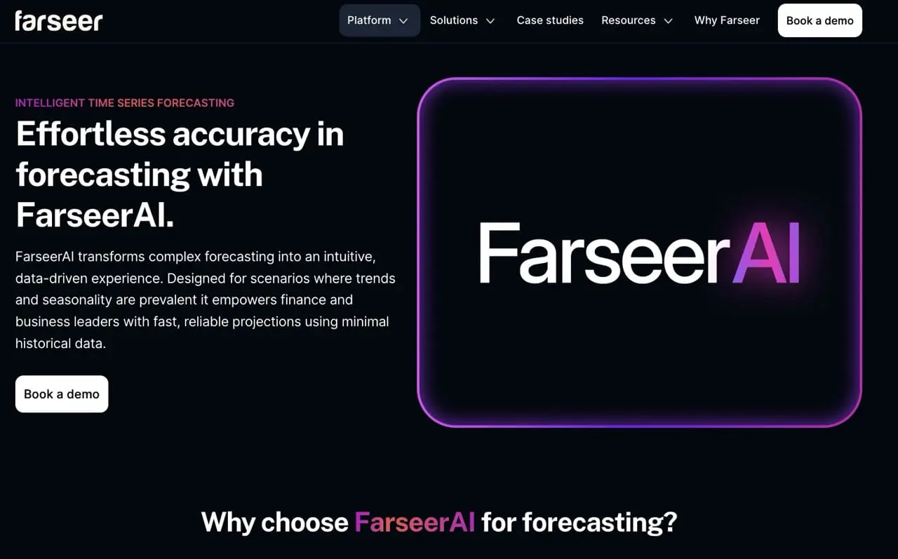 Landing page for FarseerAI, an AI-powered forecasting tool designed to deliver accurate time series projections with minimal historical data, empowering finance teams through intuitive, data-driven automation.