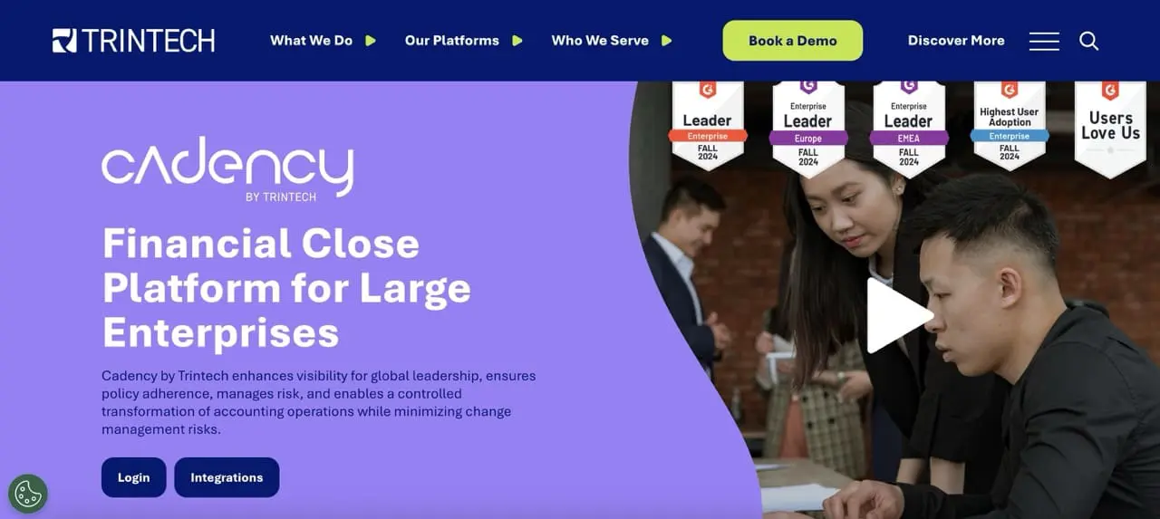Cadency by Trintech homepage showcasing its finance automation software for large enterprises, focused on financial close processes, risk management, and compliance, with G2 awards highlighting user satisfaction and adoption.