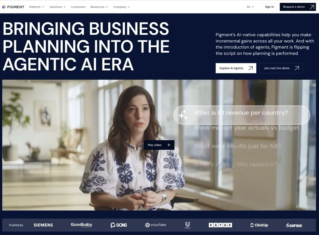 picture showing homepage of pigment,  Finance planning platform with built-in AI
