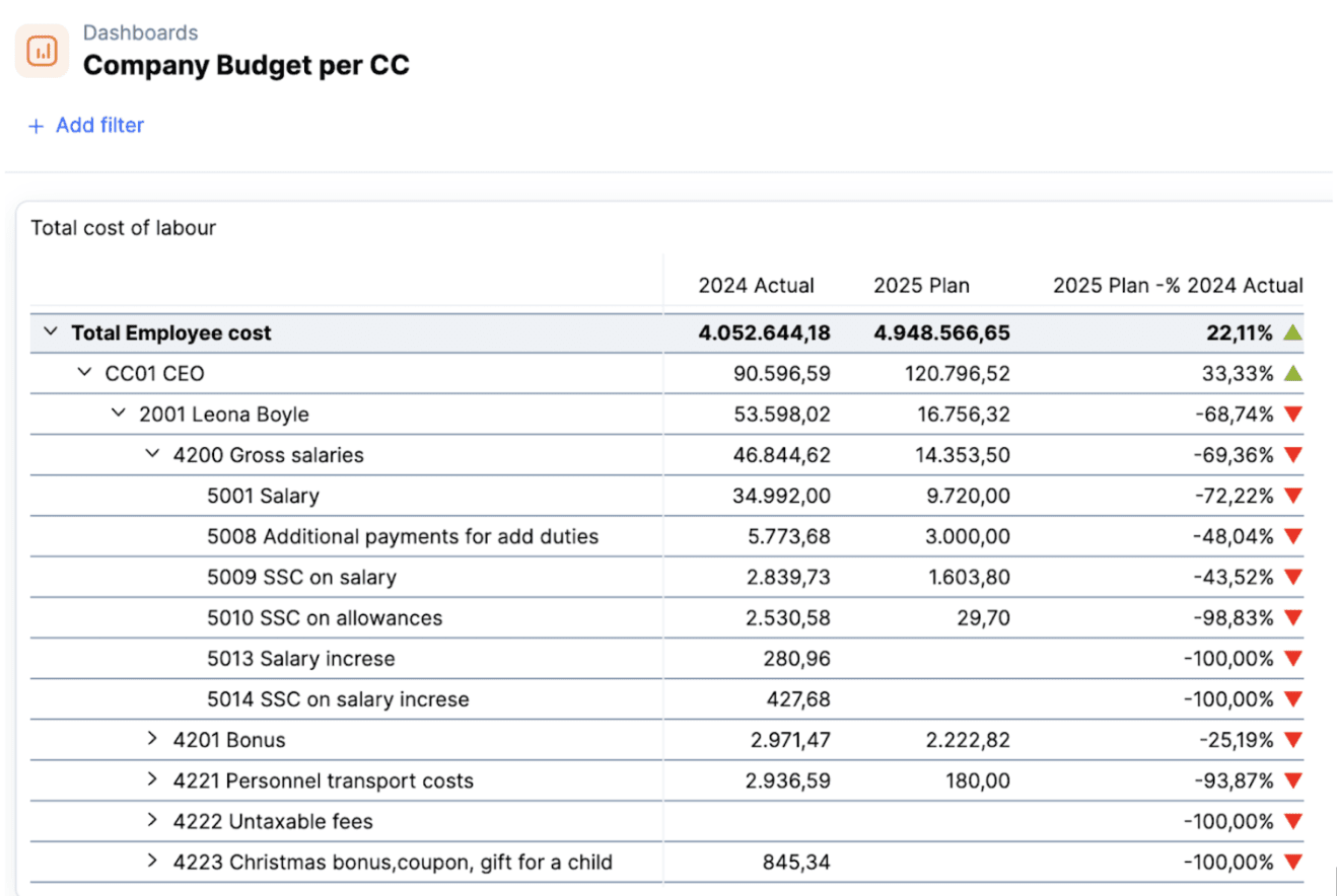 Drill-down FP&A report showing company budget per cost center, with detailed employee cost breakdown, actual vs. planned values for 2024 and 2025, and percentage change indicators using green and red arrows.