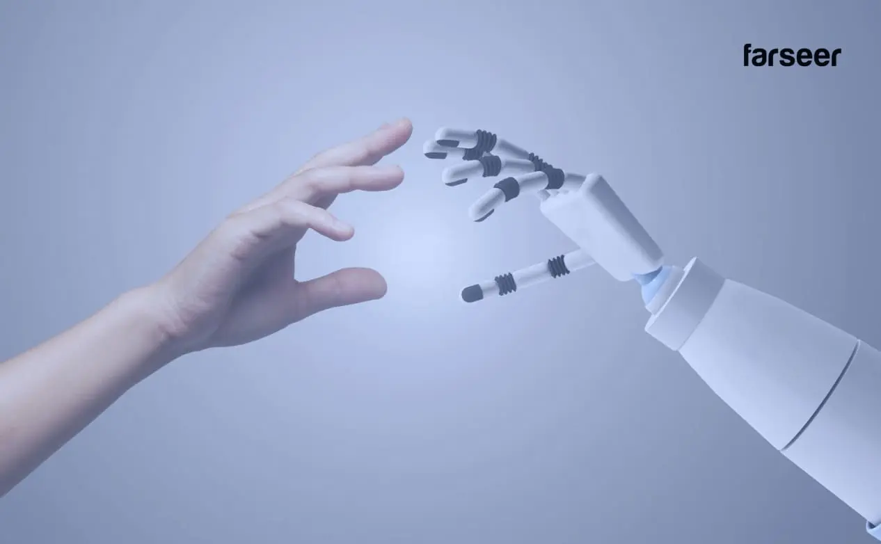 two hands reaching, one human, one is robotic which represents AI