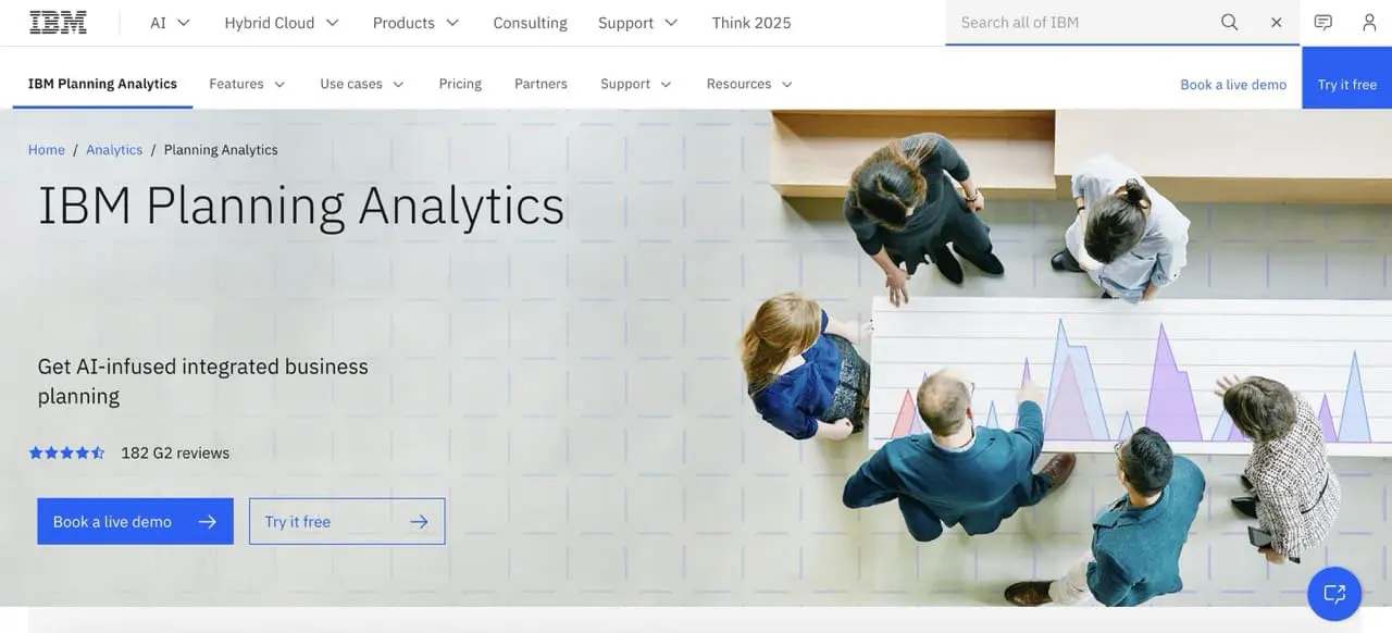 IBM Planning Analytics homepage promoting AI-infused integrated business planning, with a top-down view of a team analyzing colorful data visualizations on a large interactive table.