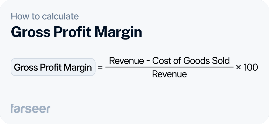 Gross profit margin formula: (revenue - COGS) / revenue * 100