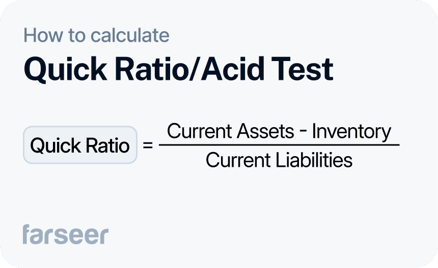 Quick Ratio formula, for assessing liquidity