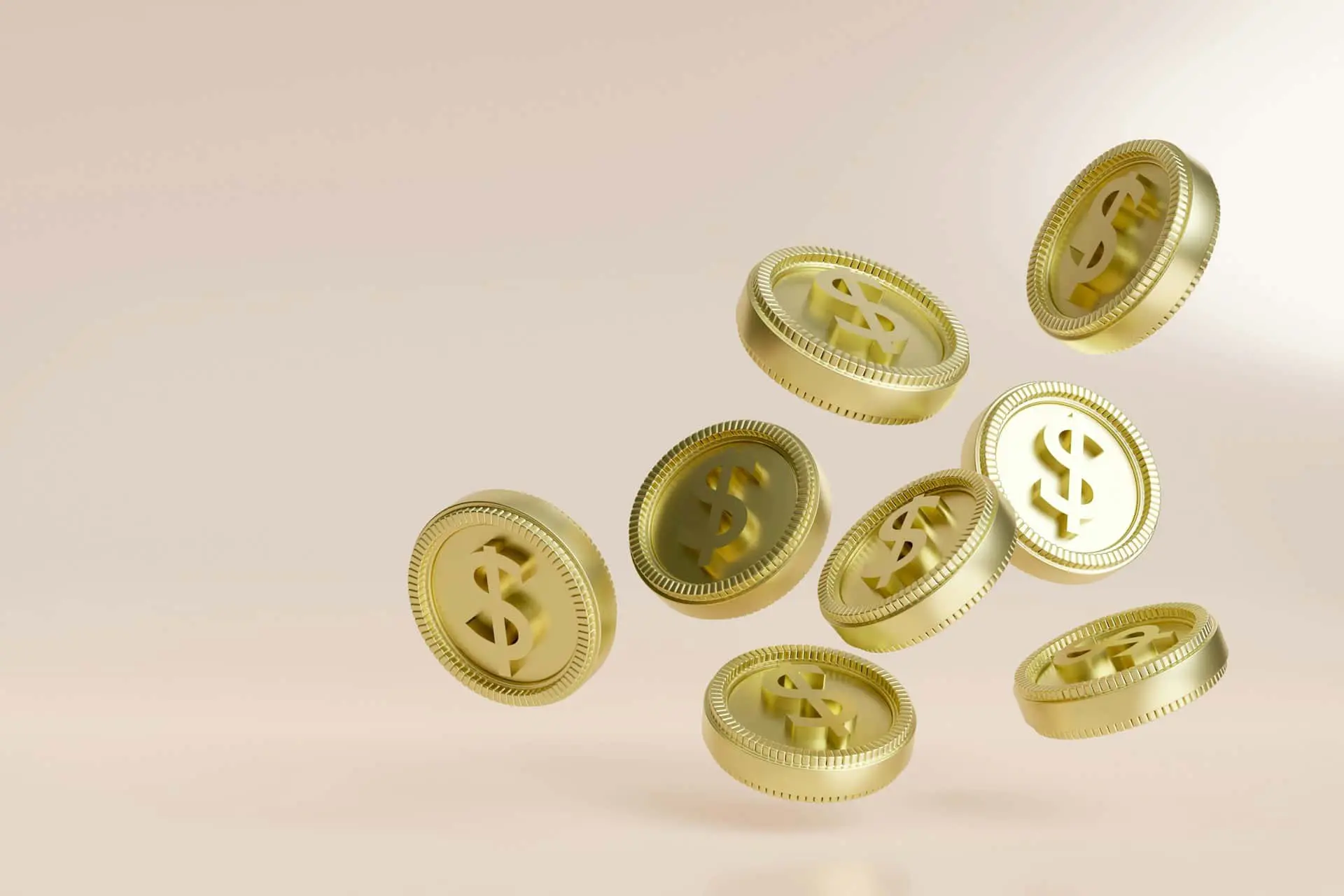 3D-rendered gold coins with dollar signs floating against a beige background, symbolizing financial growth or cash flow.