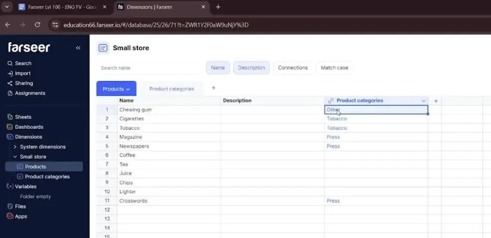 Products with a Product Categories column. The parent-child relationship is defined in the model, not improvised in formulas.