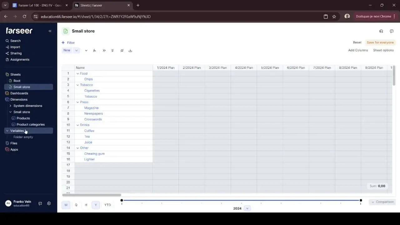 The hierarchy in action on a sheet. Categories on top, products nested beneath, each row knowing where it belongs.