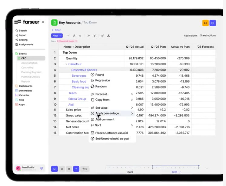 Farseer's driver-based top-down sheet shows Actual vs Plan alongside the forecast, and each number traces back to the driver and version behind it.