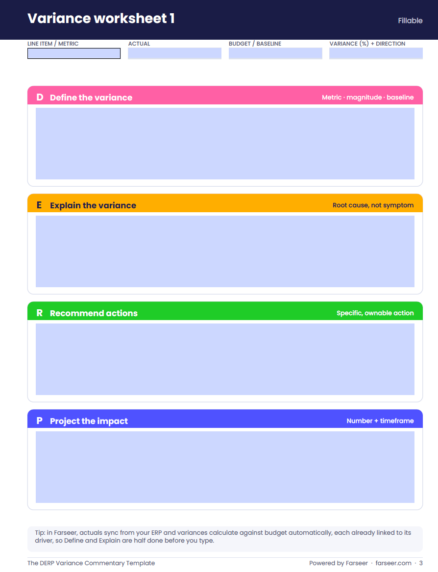 The DERP Variance Commentary Template provides a structured worksheet for documenting material variances using the Define, Explain, Recommend, and Project framework.