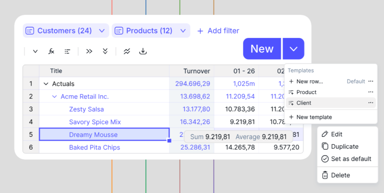 Driver-based templates in Farseer: managers enter volumes, the model calculates value.