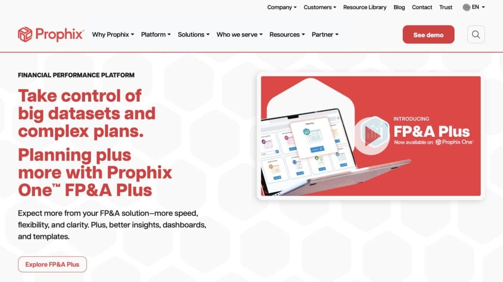 Prophix homepage screenshot, one of budget management software for business