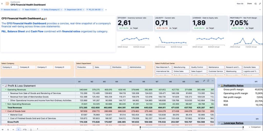 A CFO financial dashboard displaying key metrics like inventory turnover, current ratio, debt-to-equity ratio, and profit margins alongside a detailed profit and loss statement and filters by company, department, and cost center.