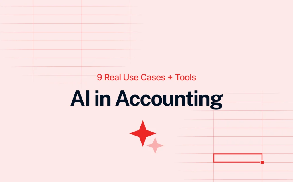 This image presents the title "AI in Accounting" with a subtitle noting "9 Real Use Cases + Tools." It introduces a content piece focused on practical applications of artificial intelligence in the accounting field, likely detailing how AI enhances processes through specific tools and examples.