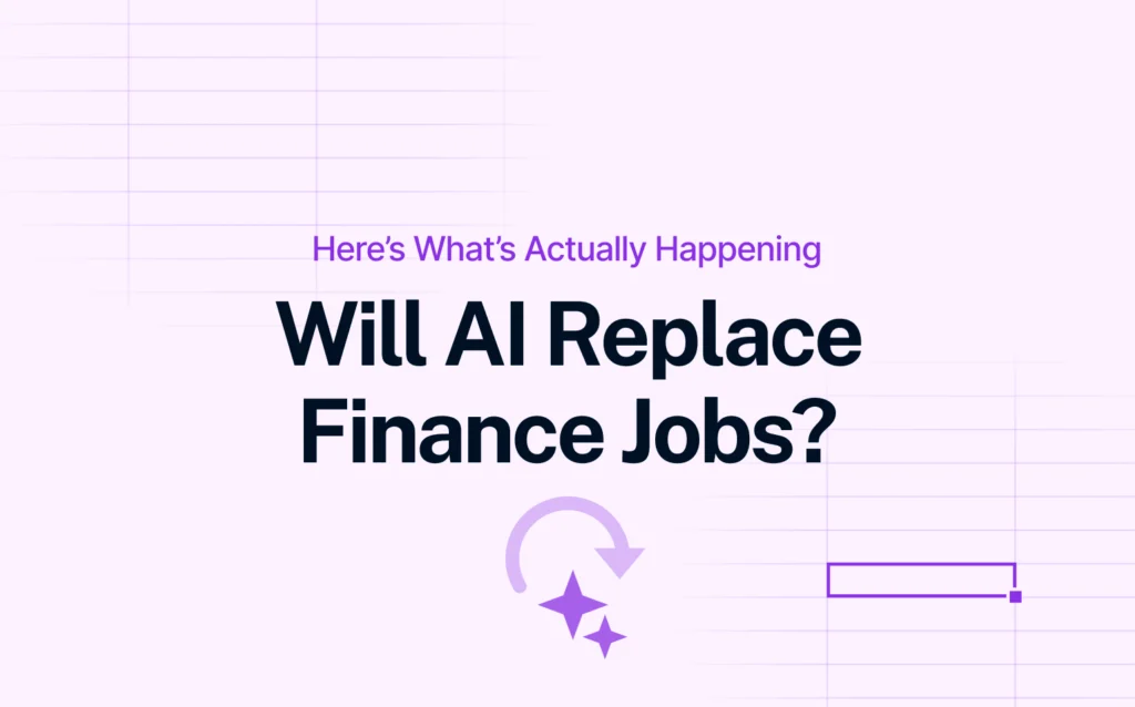 Title slide with text “Will AI Replace Finance Jobs? Here's What’s Actually Happening” in bold black and purple typography on a light purple background with abstract graphic elements.