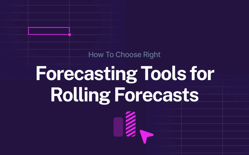 Cover image with title “Forecasting Tools for Rolling Forecasts” in bold white text on a dark purple background, featuring abstract chart icons and a pink arrow cursor below the title.