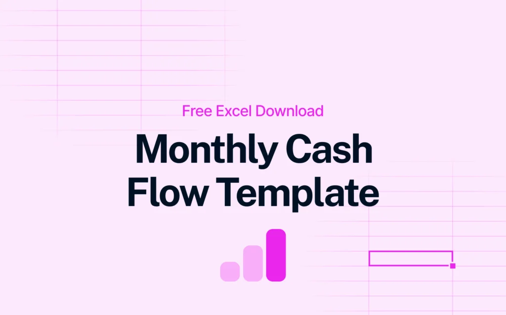 Visual slide promoting a free Excel download for a Monthly Cash Flow Template, with bold text and a pink gradient bar chart icon