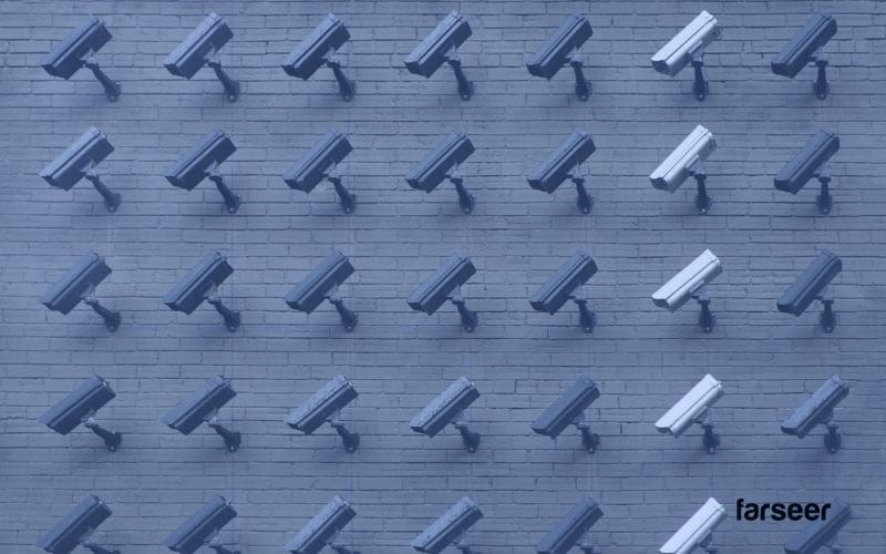 Surveillance cameras aligned on a brick wall, with a few white ones standing out – a metaphor for standardization vs. differentiation in software choices.