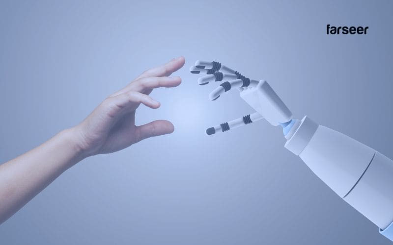 two hands reaching, one human, one is robotic which represents AI in financial forecasting