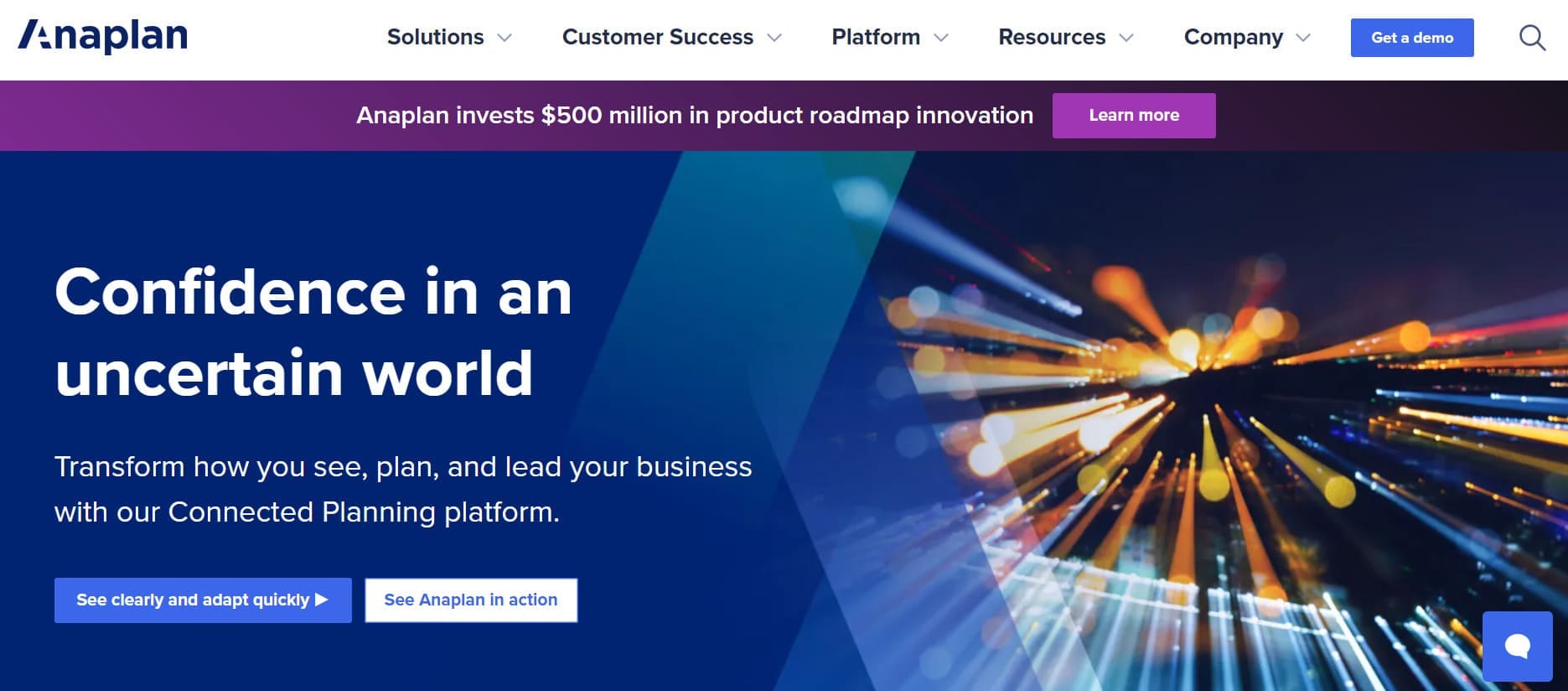 Anaplan financial analysis tool homepage,  showcasing its finance automation software
