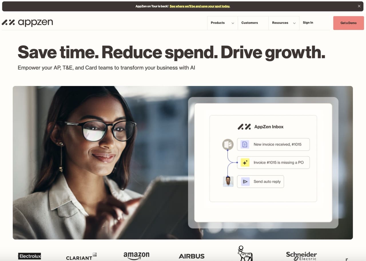 Businesswoman using AI-powered expense management software by AppZen, with invoice automation interface in the background.