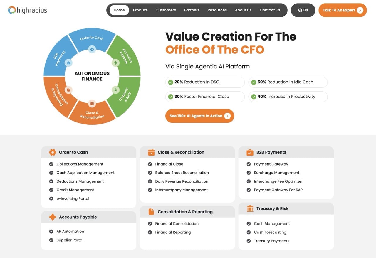 Overview of HighRadius autonomous finance platform using AI for CFO functions like accounts payable, cash management, financial close, and reporting – highlighting benefits such as faster financial close and increased productivity