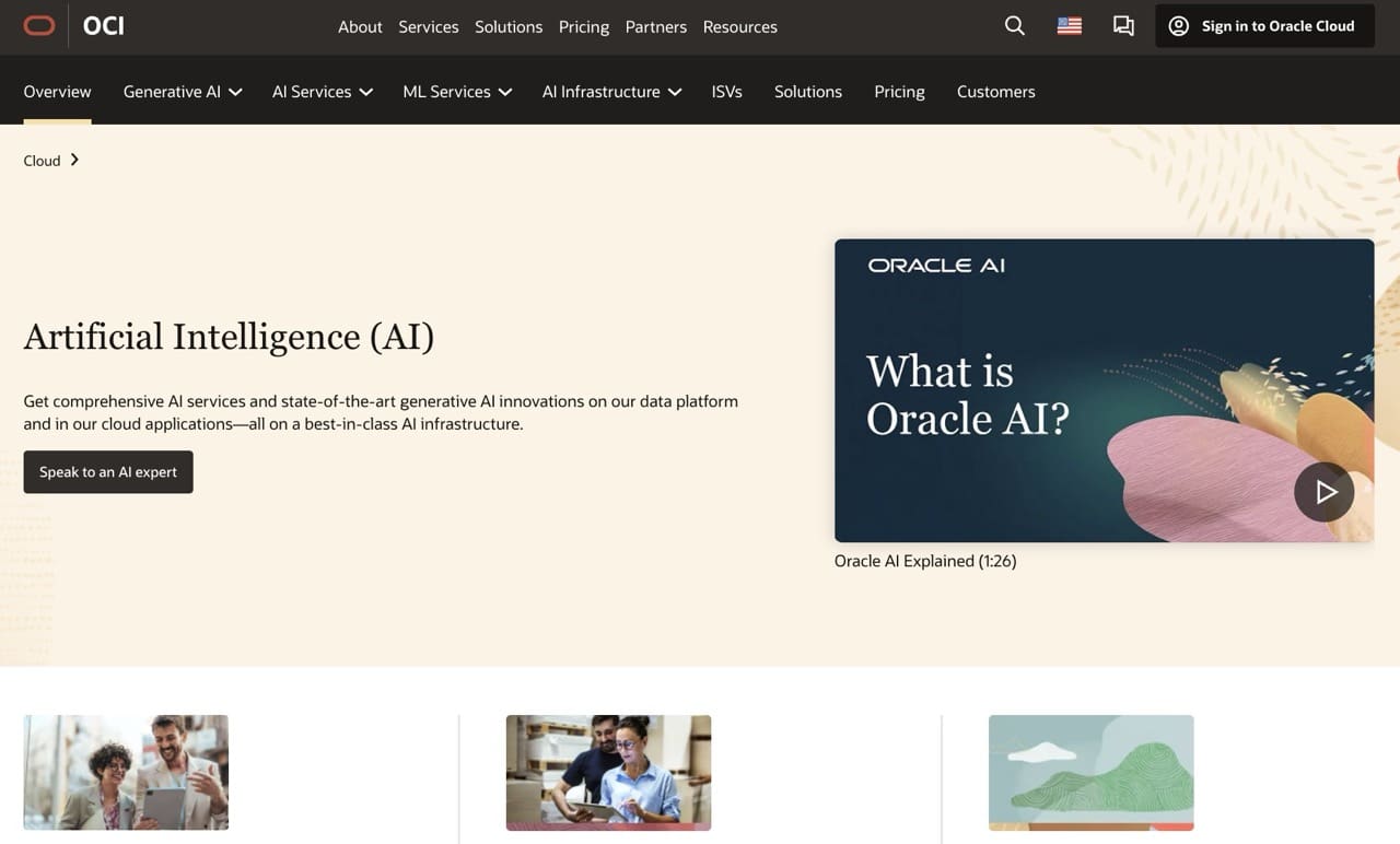 Screenshot of oracle homepage