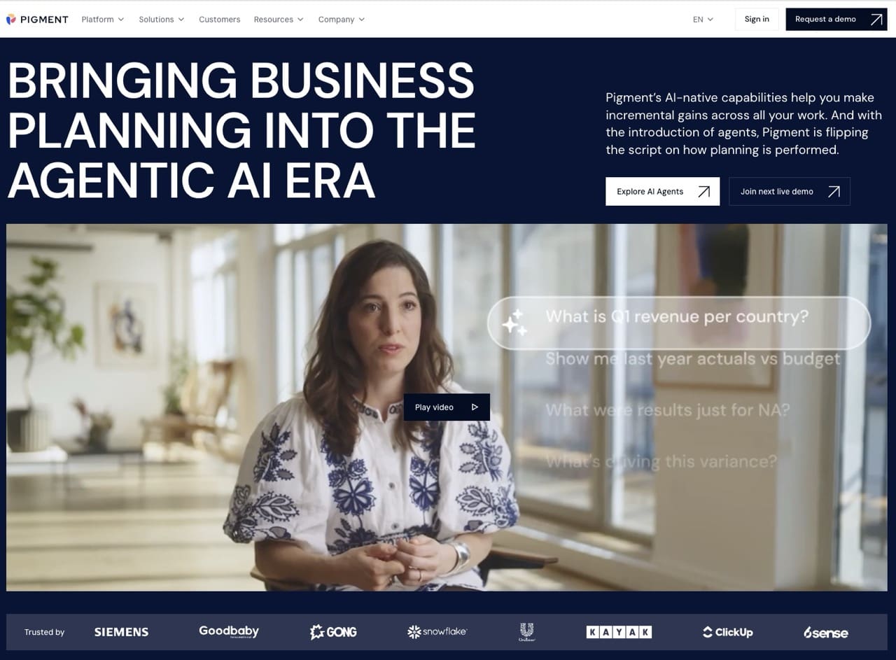 picture showing homepage of pigment,  Finance planning platform with built-in AI