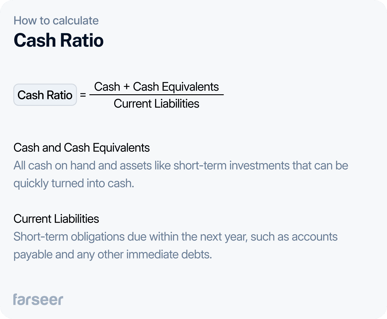 formula for cash ratio. and explanation of terms: Cash and cash equivalents – all cash on hand and assets like short-term investments that can be quickly turned into cash. Current Liabilities – Short-term obligations due within the next year, such as accounts payable and other immediate debts.
