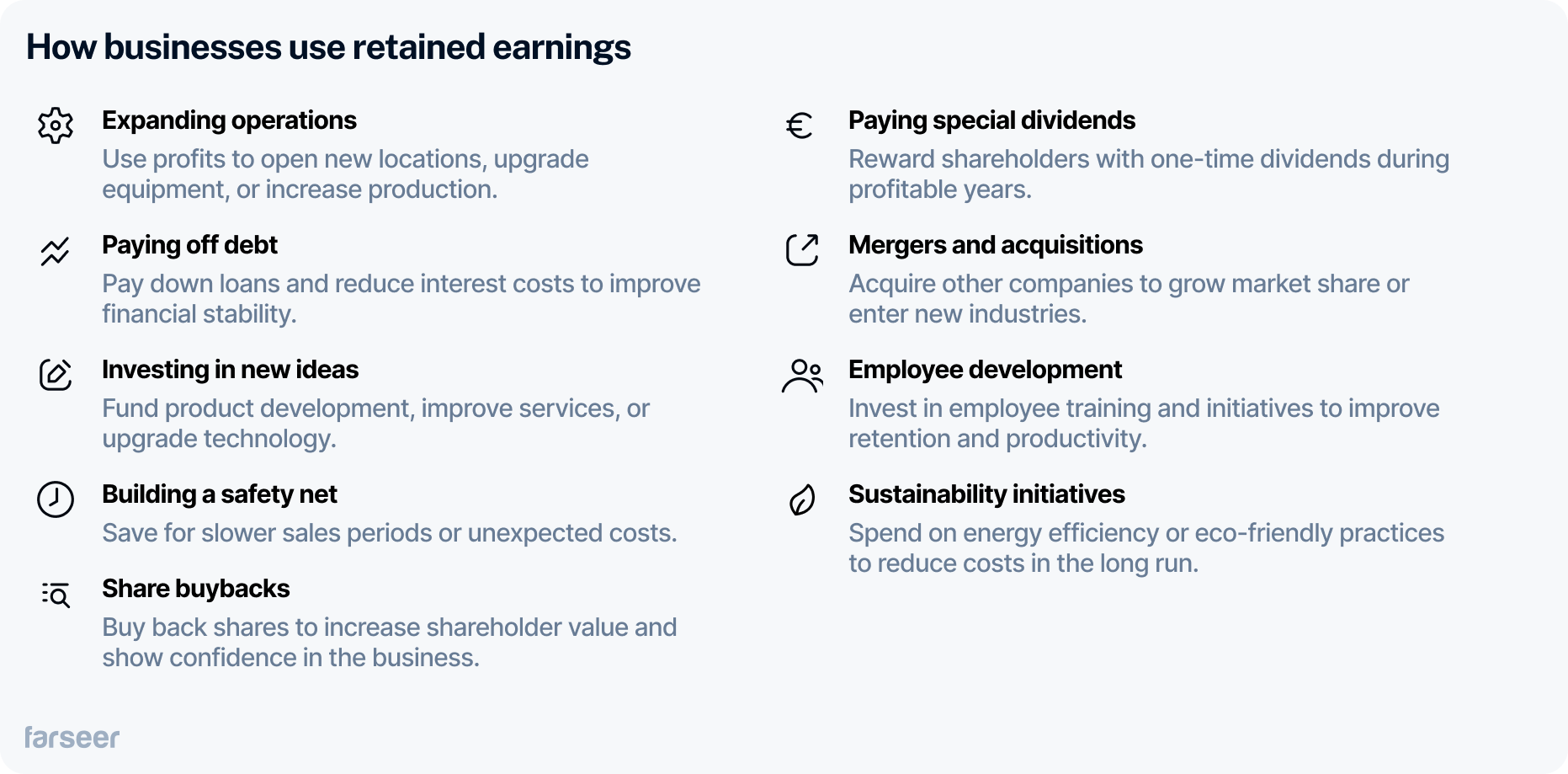 Infographic showing 9 ways businesses use retained earnings, including expanding operations, paying off debt, investing in new ideas, building a safety net, share buybacks, paying special dividends, mergers and acquisitions, employee development, and sustainability initiatives.