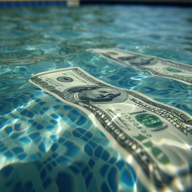 Close-up of U.S. $100 bills floating in a swimming pool, symbolizing wasted money or poor cash management.