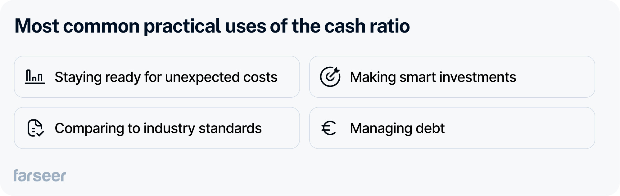 Most common practical uses of the cash ratio: Staying ready for unexpected costs, Making smart investments, Comparing to industry standards, Managing debt